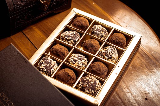A gourmet selection of chocolate truffles in an elegant box, perfect for indulgence.